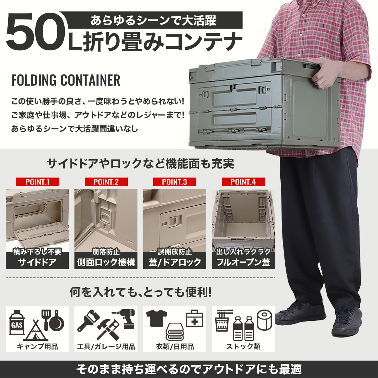 公式】FDC0004B 折り畳みコンテナ 50L 中窓2箇所付(長辺１＆短辺１) サバゲー、ミリタリー 