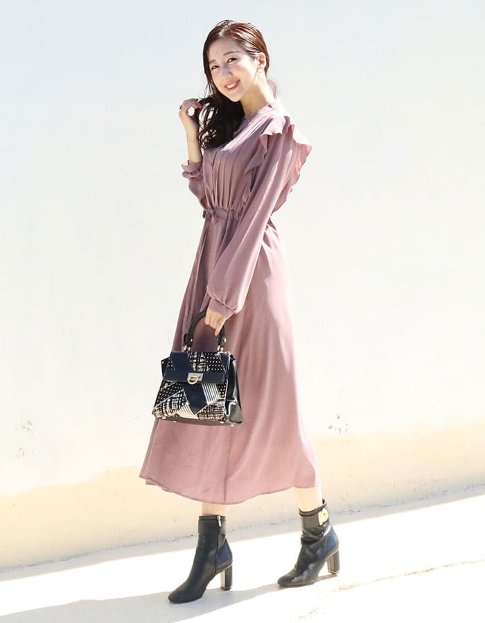 ＜授乳服・マタニティ＞長袖シンシア・シフォンフリルワンピース