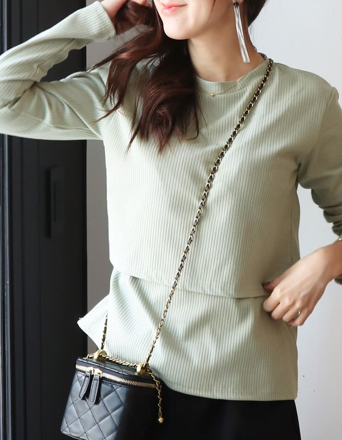 ＜授乳服・マタニティウエア＞「最初の授乳服にもおすすめ」着丈2WAYシンプル＆ベーシック綿混リブ・クルーネック授乳トップス