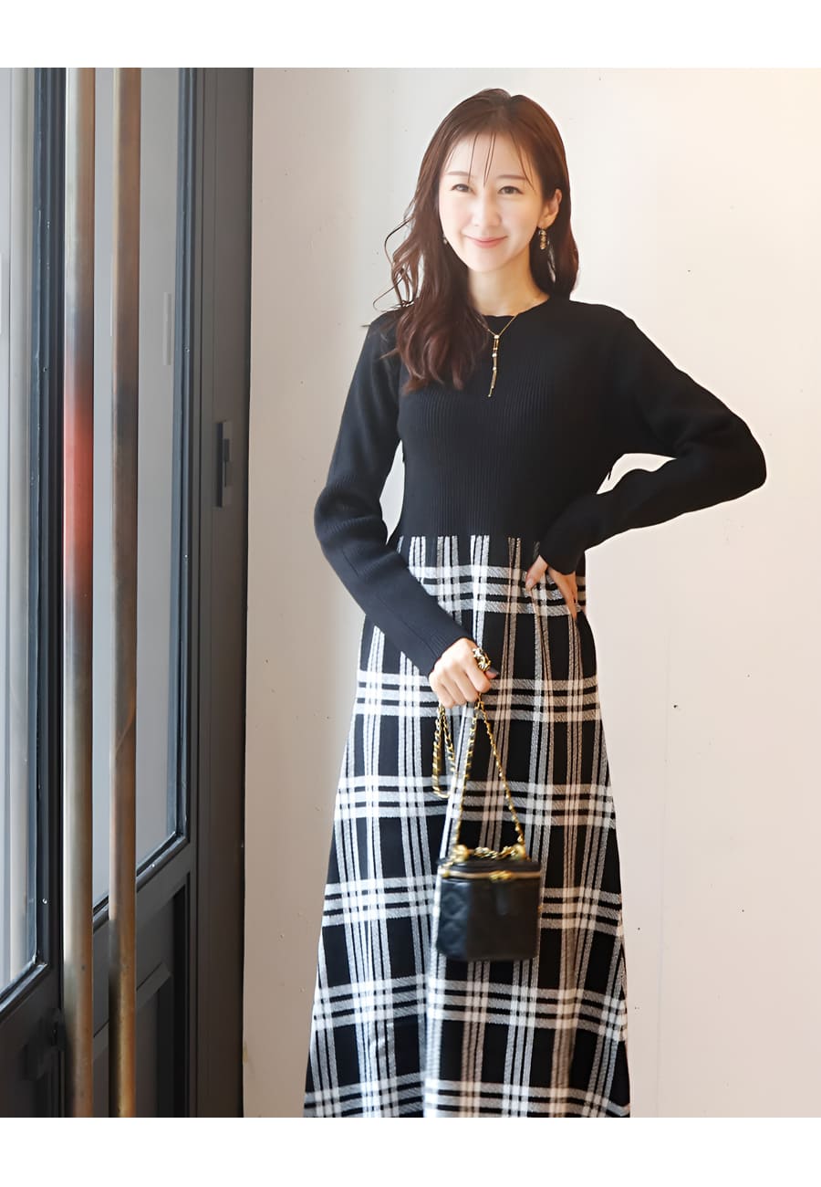 マタニティ 服 授乳服 チェック柄切替ニットワ...の詳細画像4