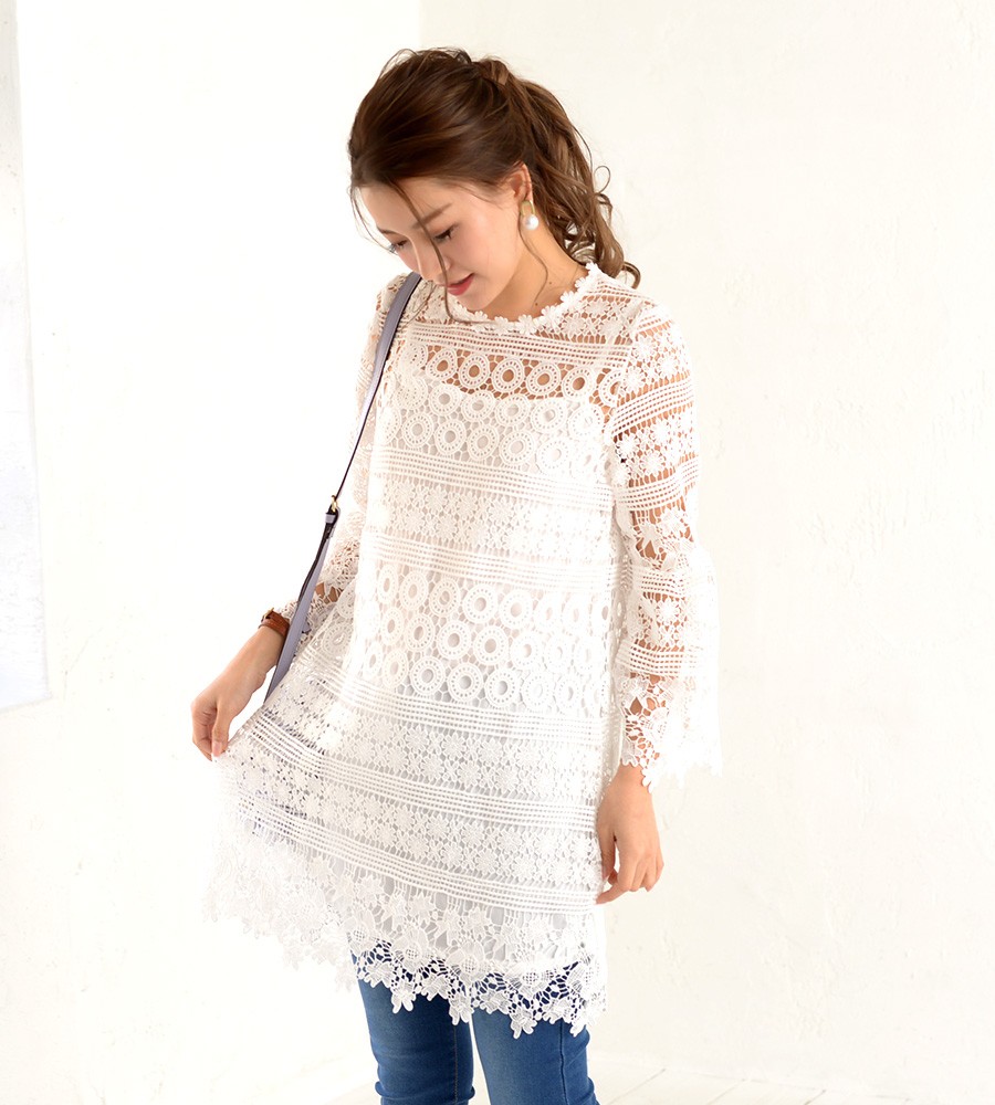 【最終値下げ】モチーフレース×総レースチュニック　ホワイト Milk tea next 総レース・シースルーレーシーチュニック インナー
