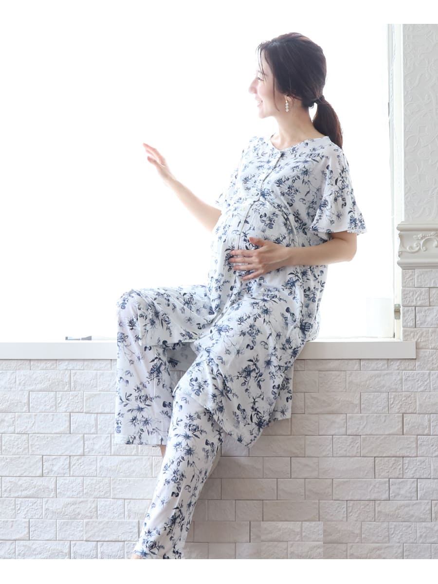 SALE 産前産後 授乳口付きパジャマ 接触冷感ベア天竺レトロ花柄