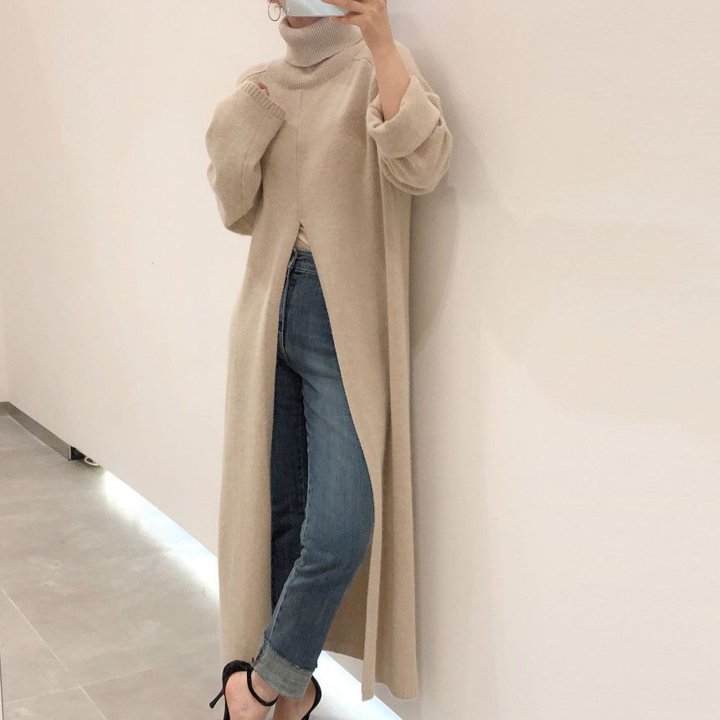 トップス ニットソー セーター ロング ロング丈 マキシ マキシ丈 9分丈 アンクル丈 袖あり 長袖 タートルネック スリム 細身 ストレート Iライン スマート