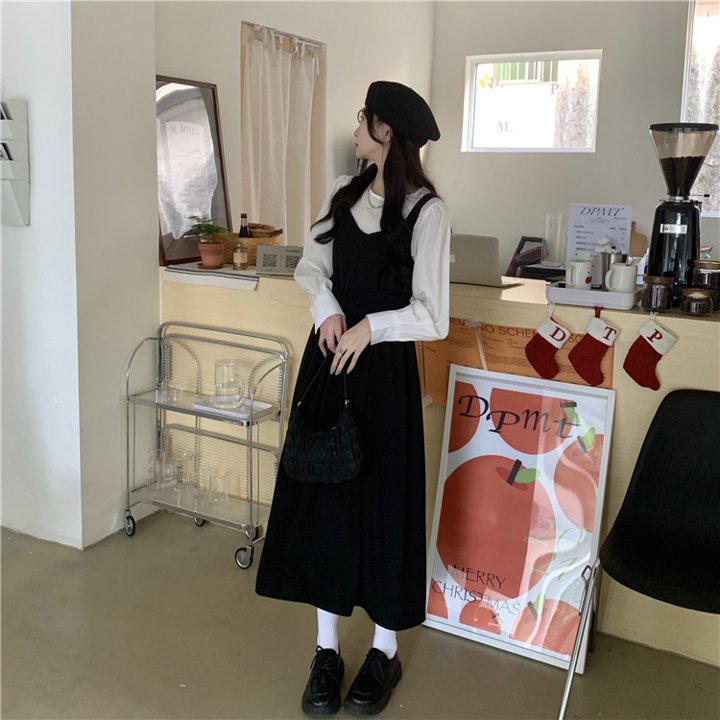 トップス ワンピース セットアップ 白トップス ジャンパースカート 膝下 ミモレ ミモレ丈 袖あり 長袖 Vネック ラウンドネック フレア セミフレア