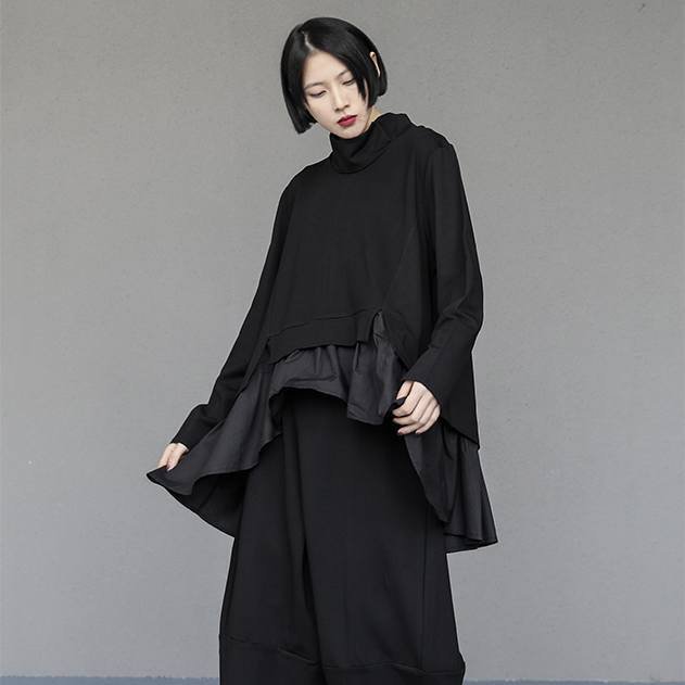 トップス Tシャツ シャツ ブラウス プルオーバー トレーナー 袖あり 長袖 ハイネック タートルネック ワイド ドッキング スリット サイドスリット 大人可愛い