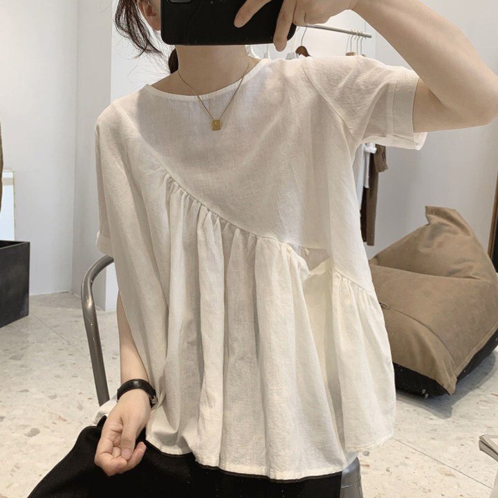 トップス シャツ 袖あり 半袖 ラウンドネック 襟なし ワイド 切り替えデザイン 薄手 かわいい 大人可愛い きれいめ シンプル カジュアル 大人 おしゃれ