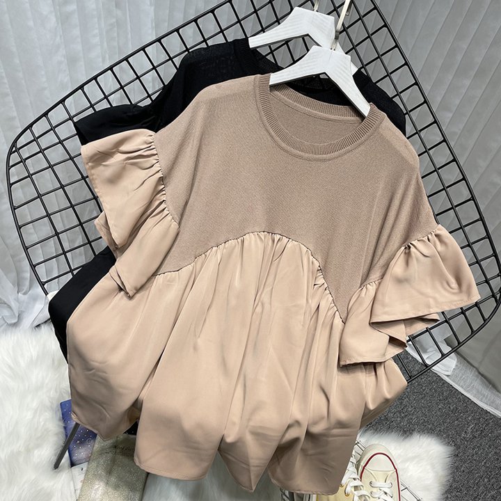 トップス Tシャツ カットソー ニットソー 袖あり 半袖 フレアスリーブ ラウンドネック フレア ワイド 切り替えデザイン シフォン ニット かわいい 大人可愛い