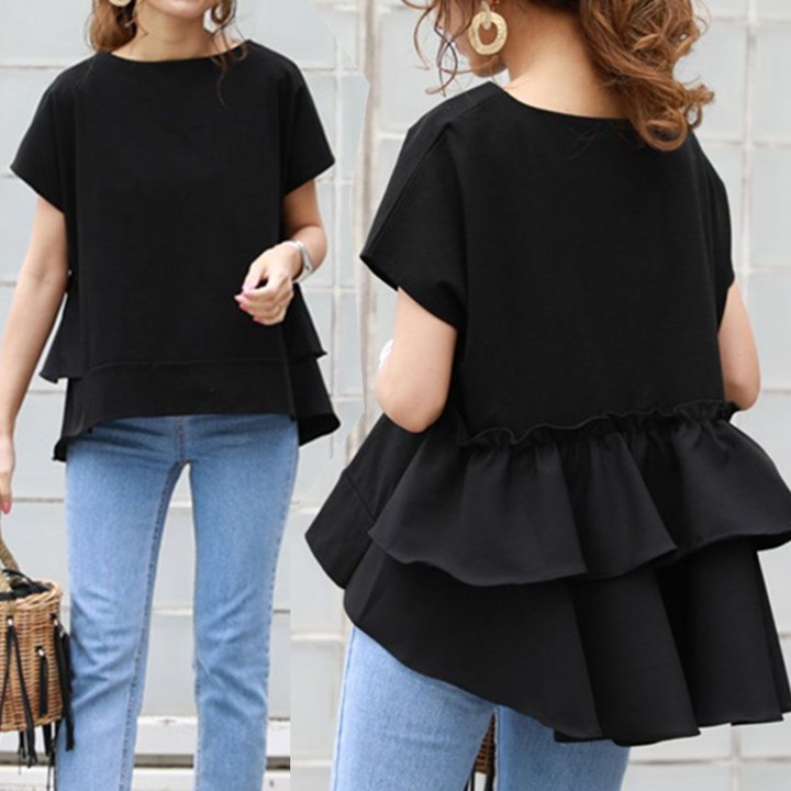 トップス Tシャツ カットソー 袖あり 半袖 ラウンドネック ボートネック フレア ワイド フリル 綿 コットン かわいい 大人可愛い きれいめ シンプル カジュアル