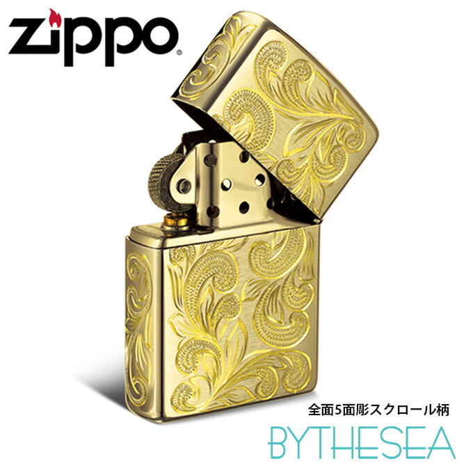 付き ZIPPO ジッポー オイルライター 全面5面ハワイアン手彫り サテーナ仕上げ No204 レギュラータイプ ブラス 真鍮