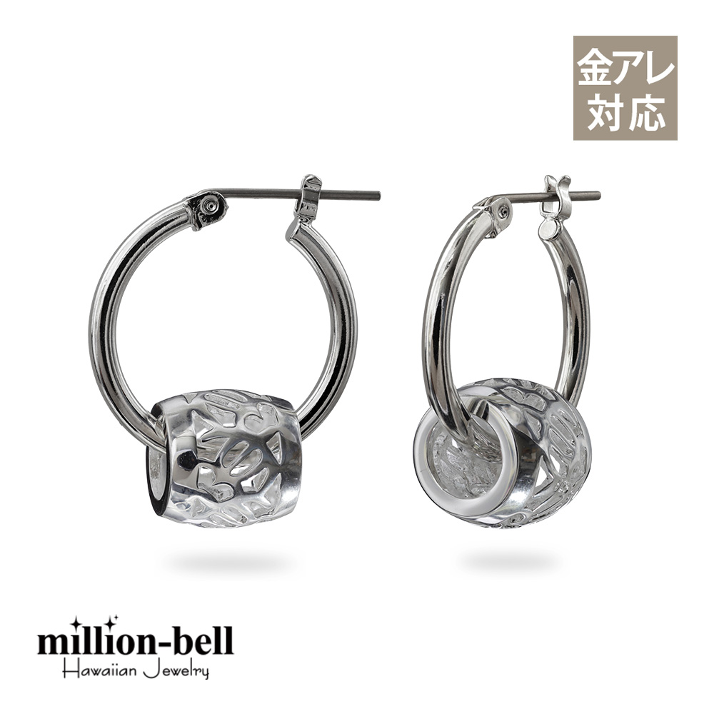 ハワイアンジュエリー ピアス 金属アレルギー対応 純チタンポスト シルバー925 ホヌ バレル 透かし彫り チャーム ウミガメ フープピアス