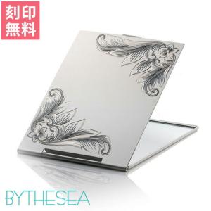 手鏡 コンパクトミラー 刻印無料 アルミニウム ハワイアン手彫り スクロール プルメリア 折りたたみ式 化粧鏡 40代 50代 30代 20代