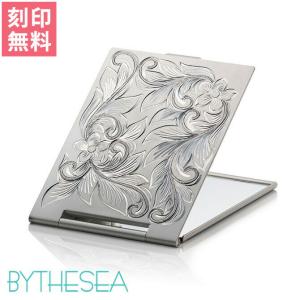 手鏡 コンパクトミラー 刻印無料 アルミニウム ハワイアン手彫り スクロール プルメリア 折りたたみ式 化粧鏡 40代 50代 30代 20代