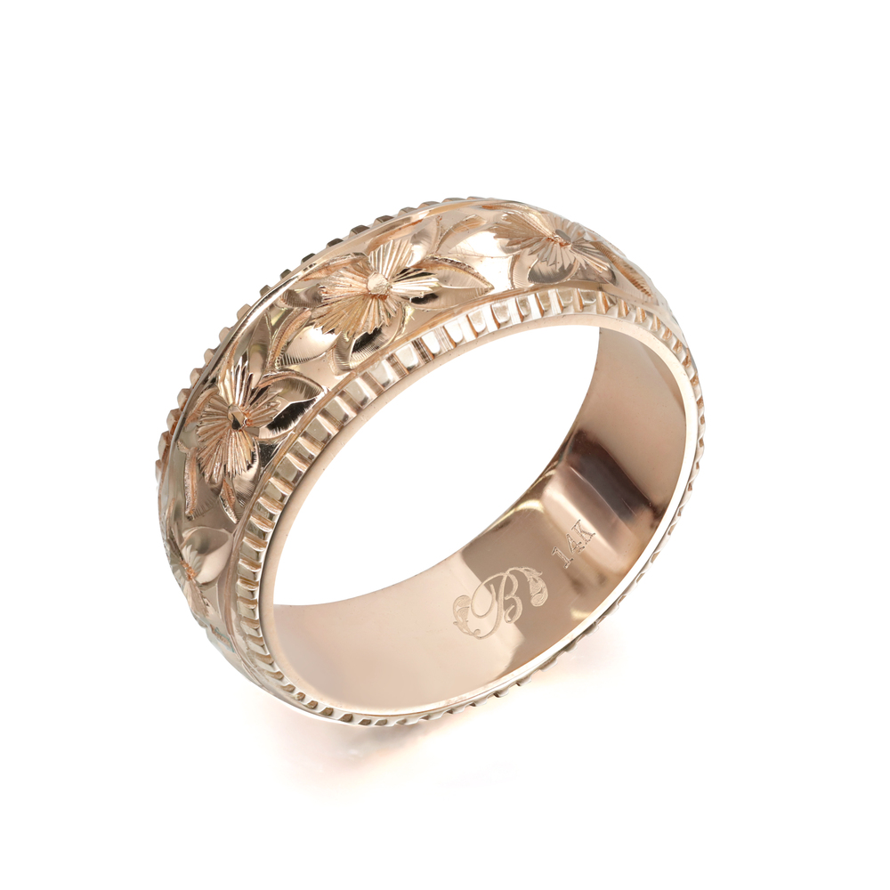 ハワイアンジュエリー オーダーメイド リング 指輪 リング 幅6mm 厚み1.5mm バレル 14Kピンクゴールド プルメリア コインエッジ  PB6D-D15