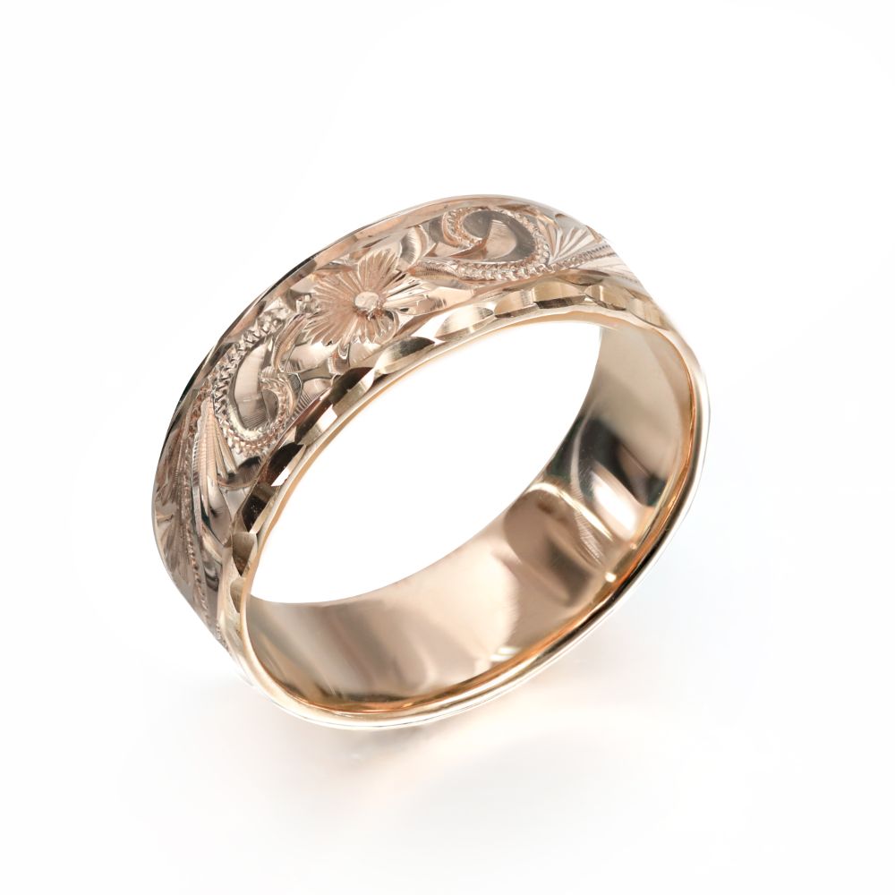 ✨美品✨ ハワイアンジュエリー オーダーメイド リング 指輪 リング 幅6mm 厚み1.2mm フラット 14Kピンクゴールド スクロール ダイヤモンドカット PF6A-C 【AAA1258252741】 (46000円)