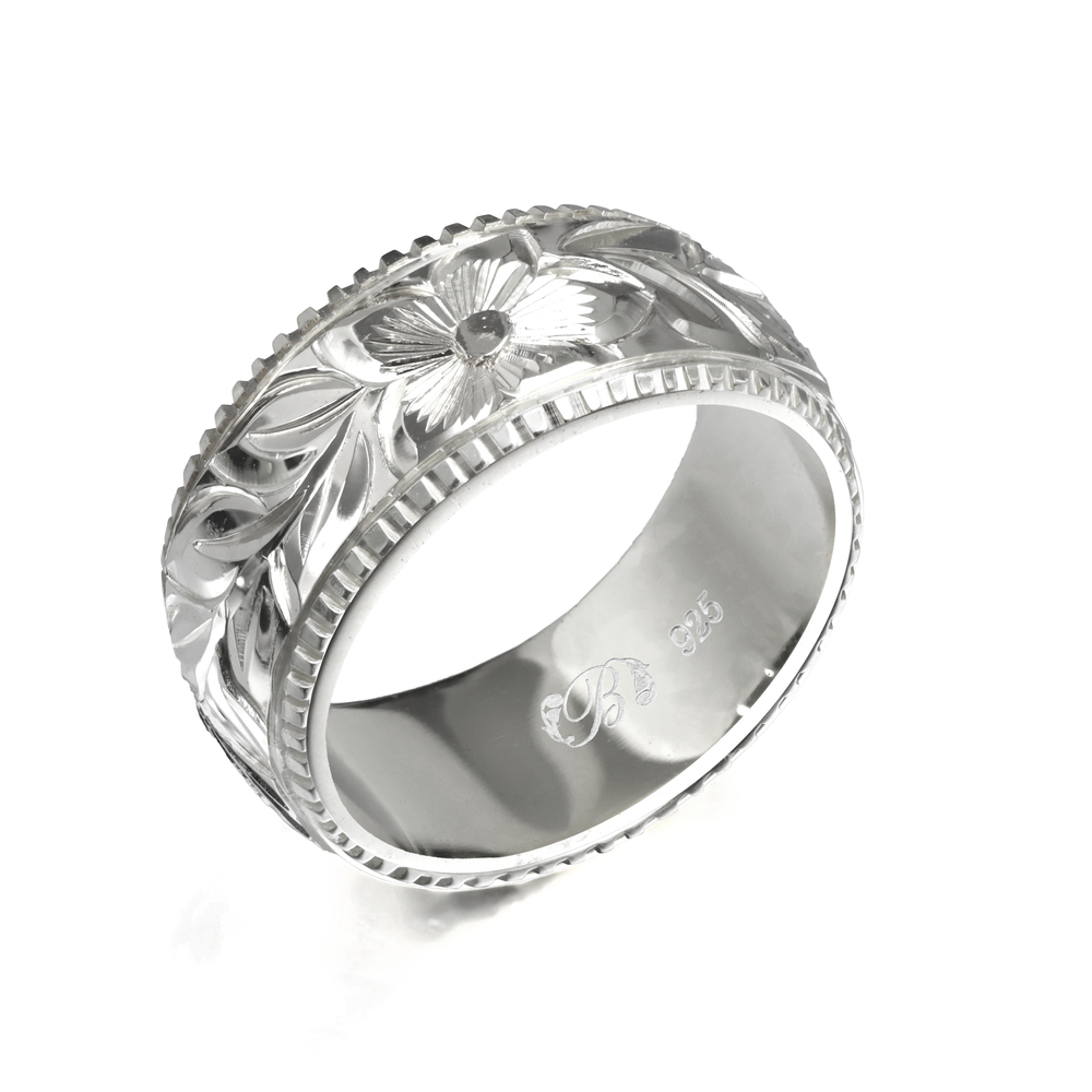ハワイアンジュエリー オーダーメイド リング 指輪 リング 幅8mm 厚み1.5mm バレル シルバー925 マイレリーフ コインエッジ SB8B-D15