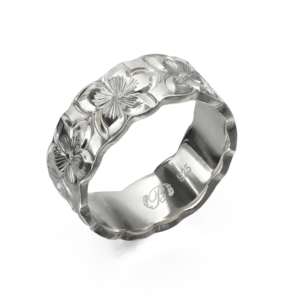 ハワイアンジュエリー オーダーメイド リング 指輪 リング 幅8mm 厚み1.5mm フラット シルバー925 プルメリア カットアウト SF8D-A15