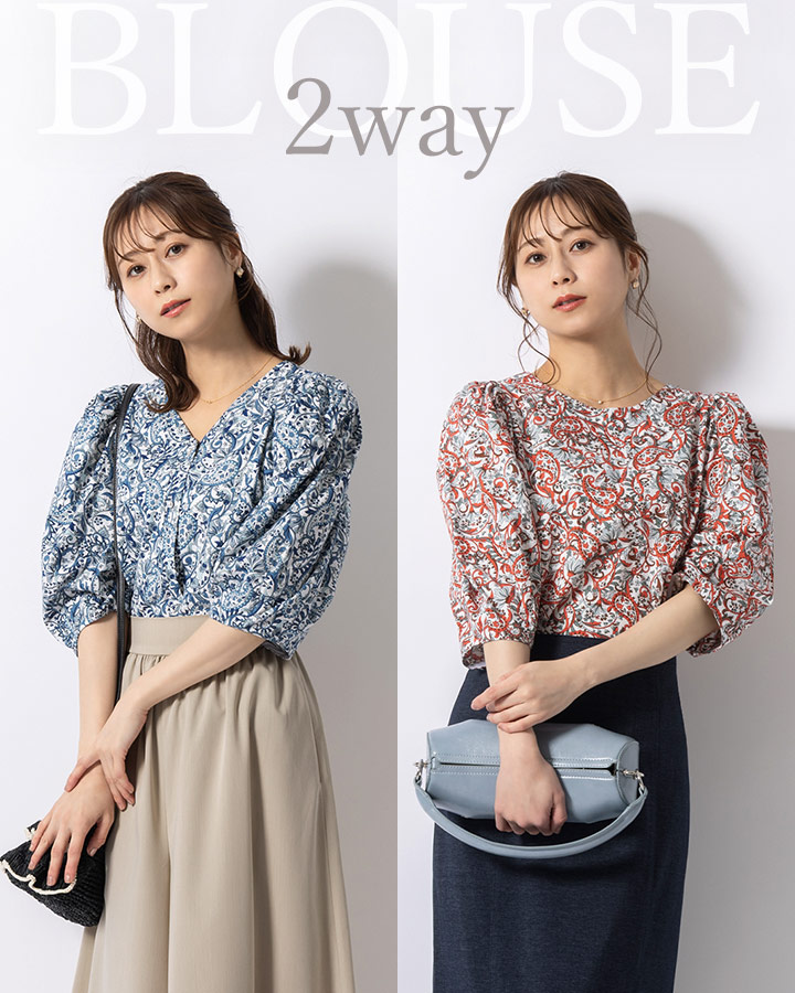 mimigrant ブラウス 2WAYブラウス パフスリーブ ペイズリー きれいめ 