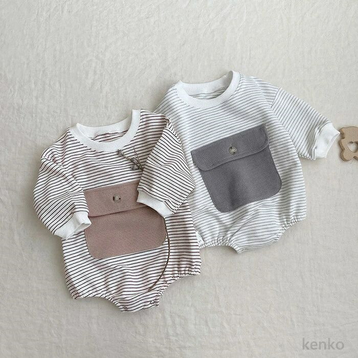 【送料無料】ポケット付き ボーダー ベビー ロンパース 長袖 スウェットロンパース 着ぐるみ ベビー服 韓国子供服 春 秋  ベビー キッズ 子供 ナチュラル トッ