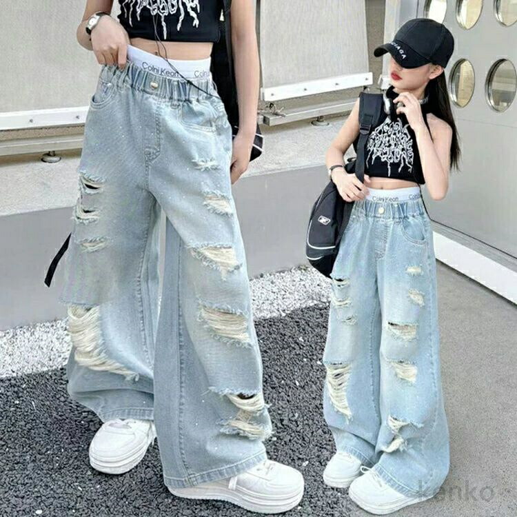 送料無料】デニムパンツ 女の子 子供服 長ズボン ダメージ加工 デニム 