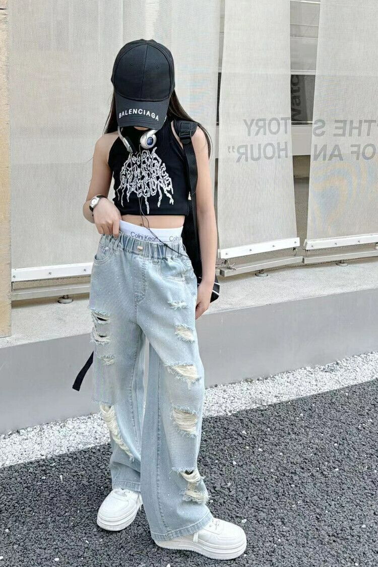 送料無料】デニムパンツ 女の子 子供服 長ズボン ダメージ加工 デニム 