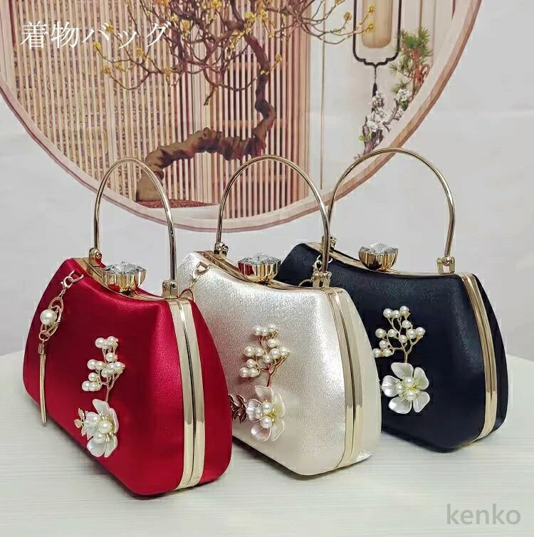 【送料無料】あり 振袖用 バッグ がま口 ちりめん レトロ ママ振 袴 成人式 卒業式 結婚式 赤 白 黒 ィーティーバッグ クラッチバッグ フォーマル お呼ばれ