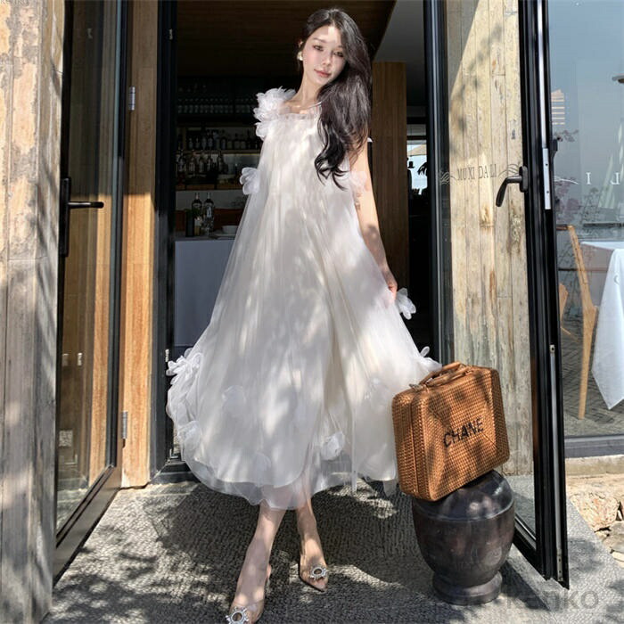 美品✨フォクシー 2021年 マリナサンドレス ふんわり Aラインワンピース 送料無料】白ワンピース レディース ノースリーブ ロング リゾート