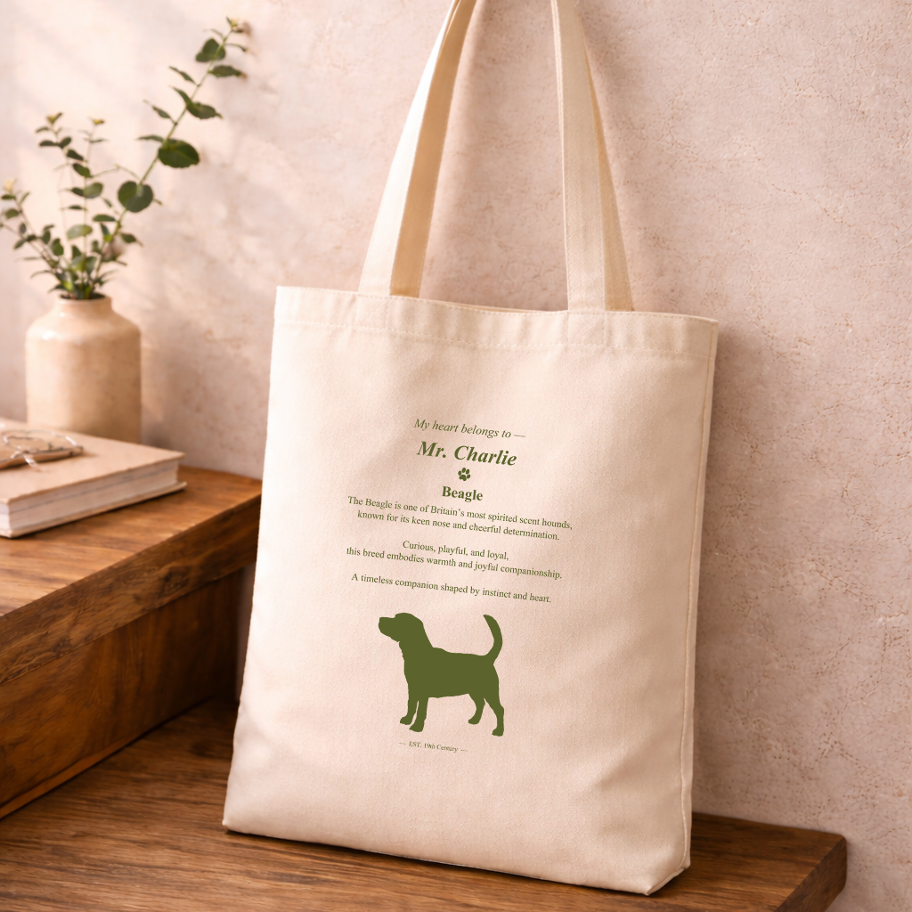 Minimal Beagle Dog Silhouette Personalized Canvas Tote Bag Interior Setting