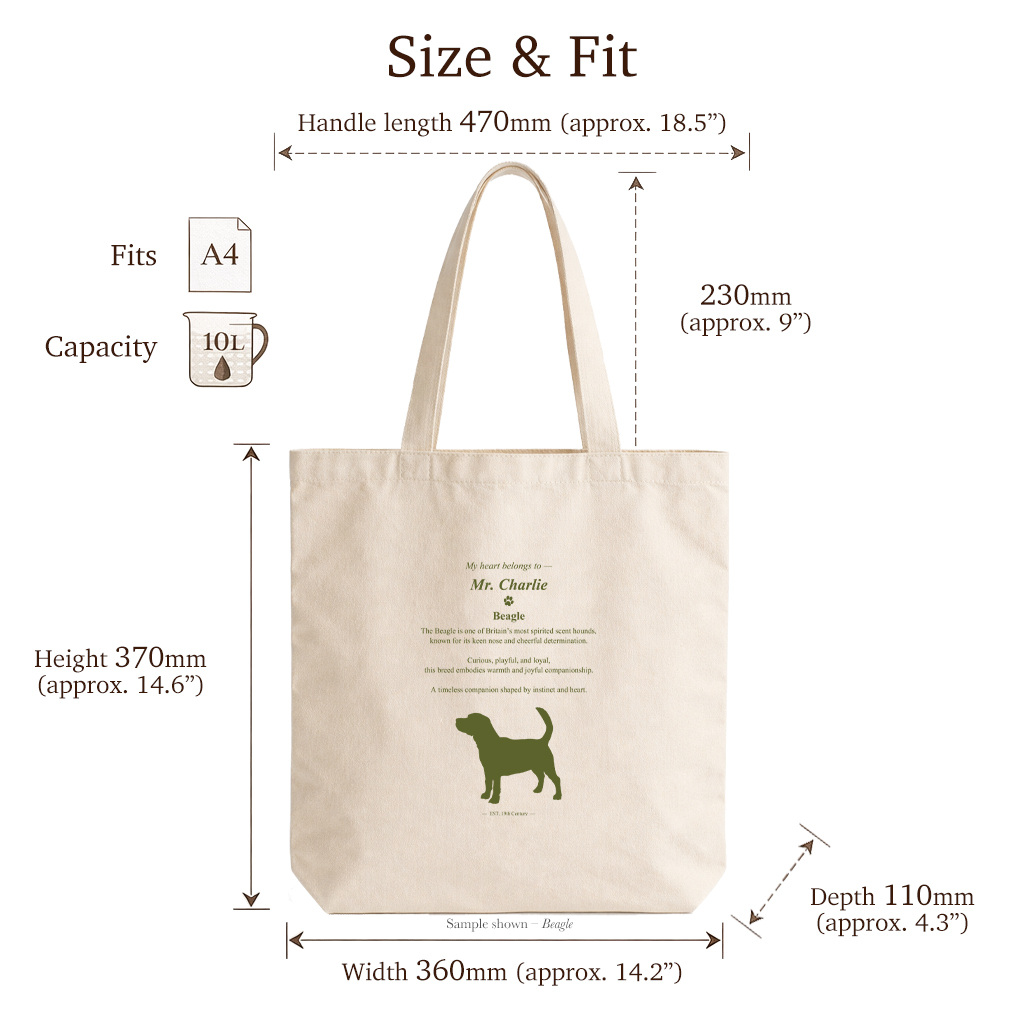 Beagle Personalized Canvas Tote Bag Size Guide A4 Fit 10L Capacity