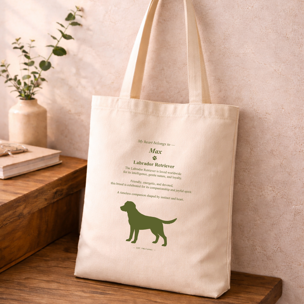 Minimal Labrador Retriever Dog Silhouette Personalized Canvas Tote Bag Interior Setting