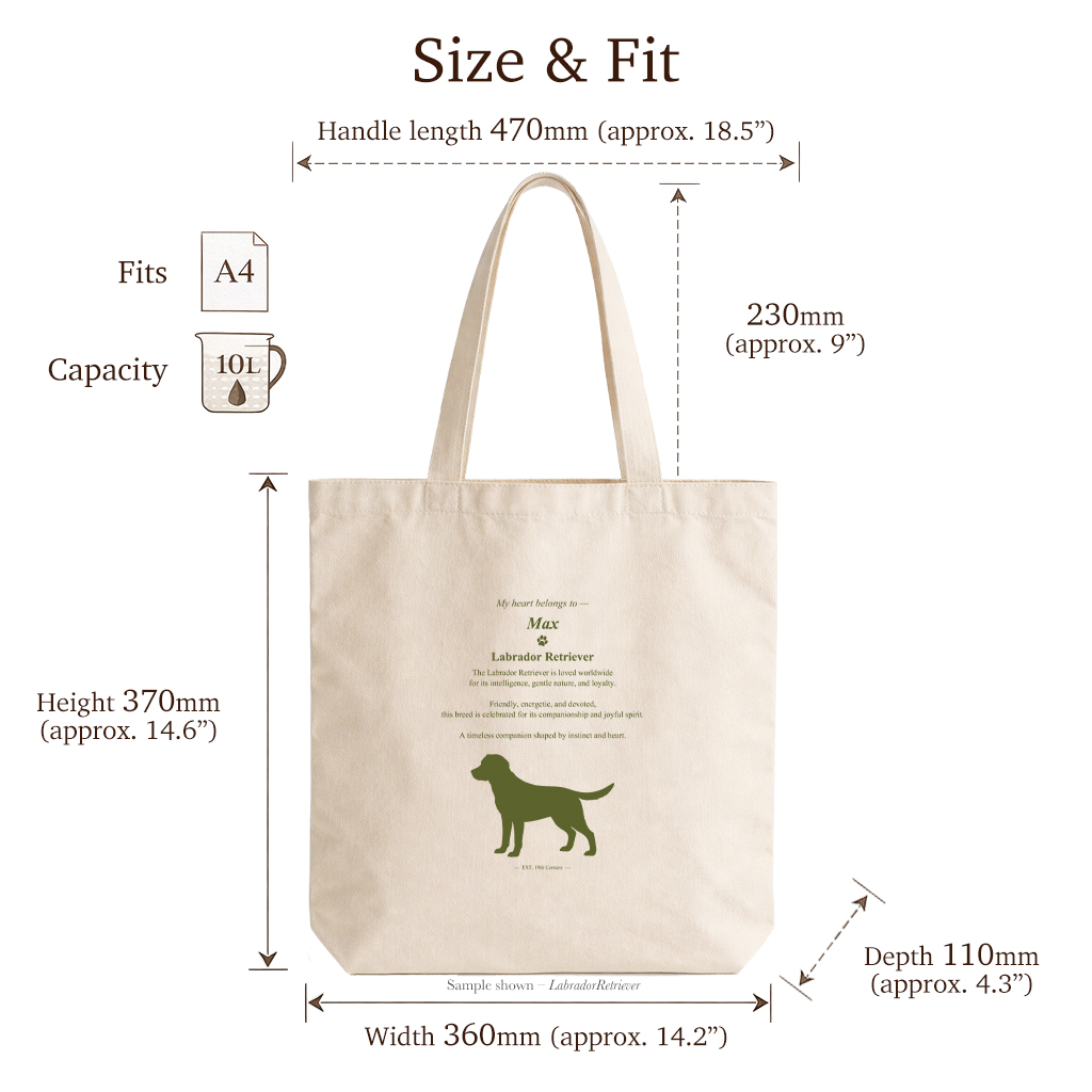 Labrador Retriever Personalized Canvas Tote Bag Size Guide A4 Fit 10L Capacity