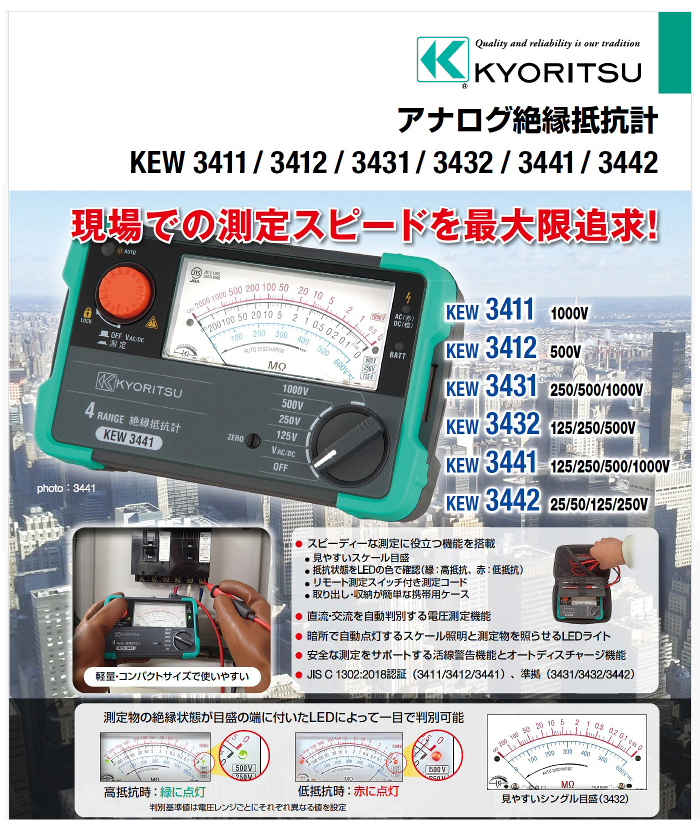 KEW3442 アナログ絶縁抵抗計 25/50/125/250V 対応 共立電気 測定器 KEW3442 アナログ絶縁抵抗計 25/50/125/250V 対応 共立電気 測定器