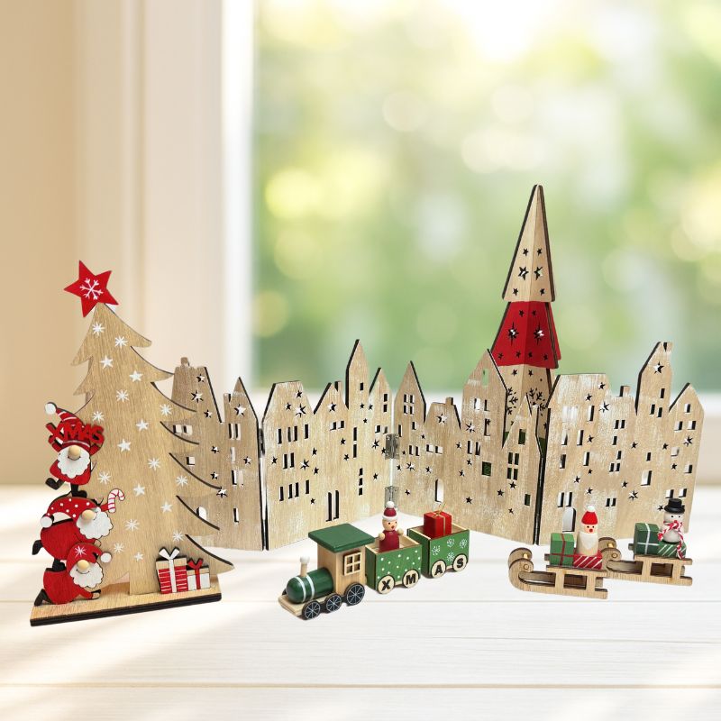 木製 ウッドフェンス クリスマス オブジェ｜星型くり抜き 街並み