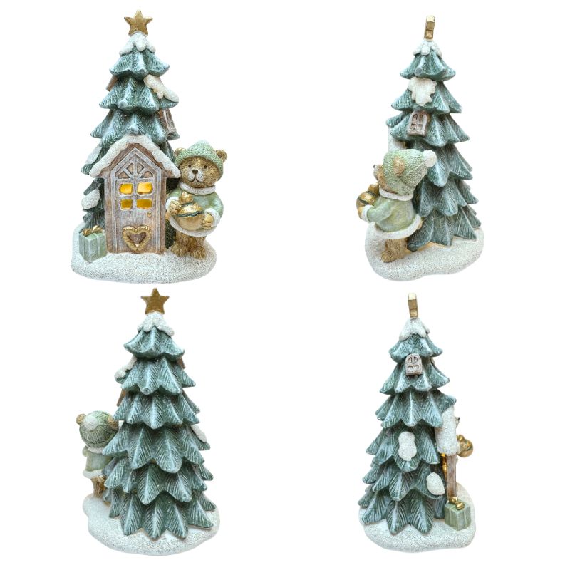 LEDライト付き クリスマスベアとツリーの置物｜ポリレジン製｜常点