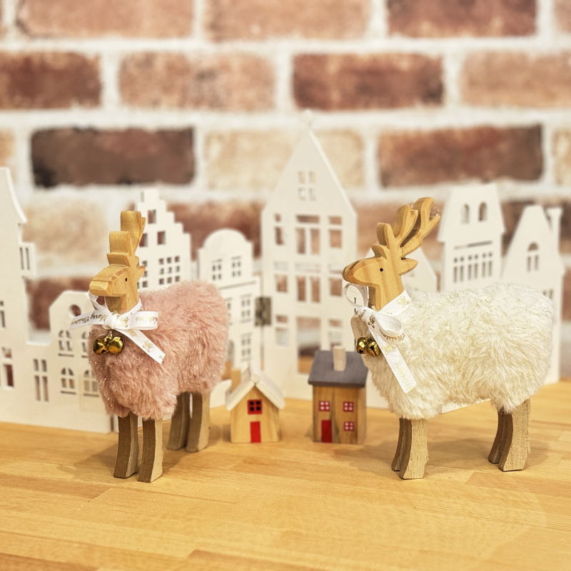 クリスマス置物 ウッドトナカイスタンド ホワイト・ピンクいずれかお