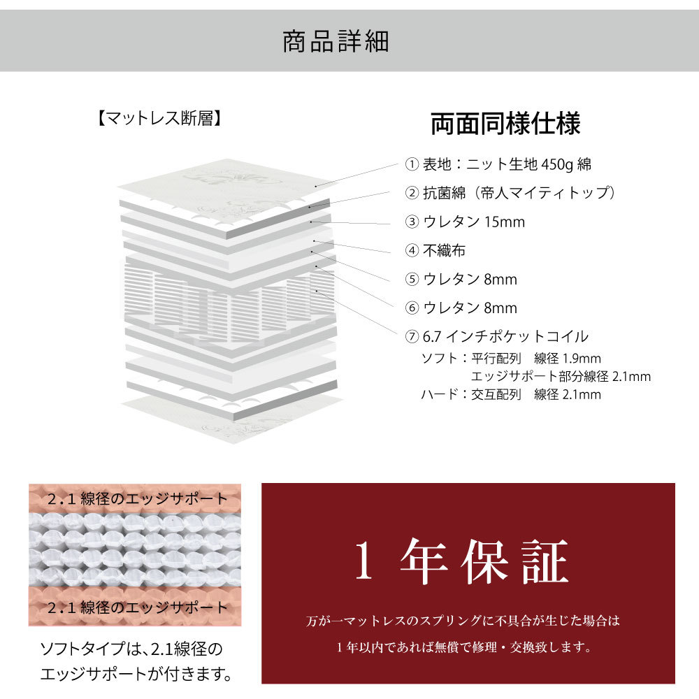 源ベッド 日本製 6.7インチポケットコイル セミダブルサイズ 