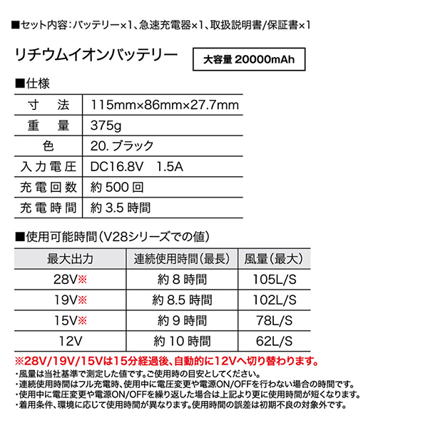 HOOH（鳳皇） 快適ウェア用 バッテリーセット V2801 (20.ブラック