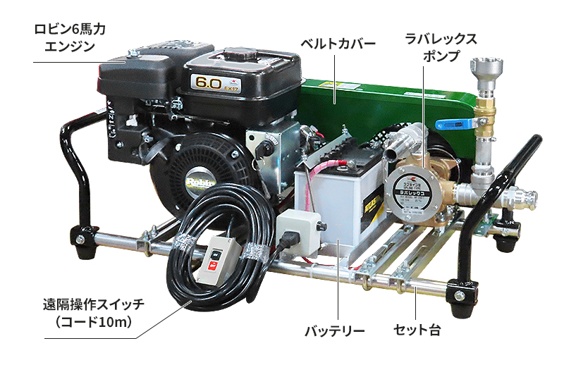 ミナト 1インチ バキュームポンプ ロビン6馬力セル付エンジン＋電磁クラッチ＋遠隔スイッチ＋吸込管15m付セット [ラバレックス エンジン式]