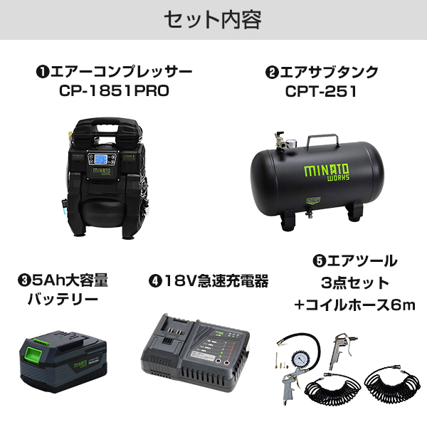 ミナト エアーコンプレッサー CP-1851PRO ＋サブタンク＋5Ahバッテリー