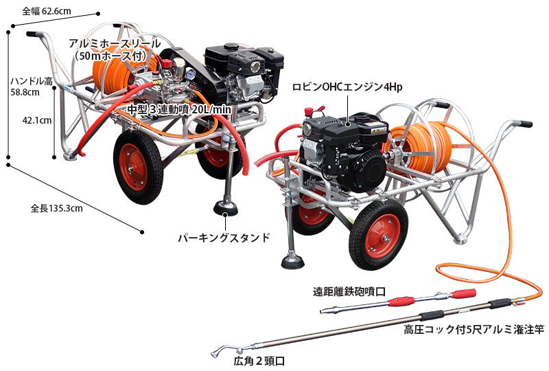 ミナト ロビン4Hpエンジン付き 動噴 高圧ホース50m付きセット