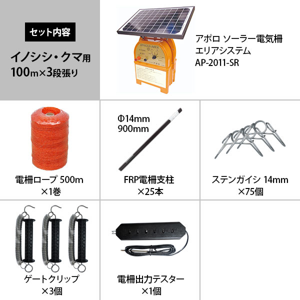 話題の人気 アポロ ソーラー電気柵 イノシシ・クマ用 100m×3段張りセット その他