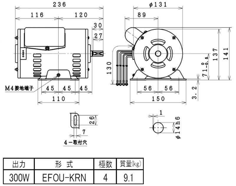 日東電工 単相モーター EFOU-KRN 4P 0.3kw (コンデンサ始動式/開放防滴 