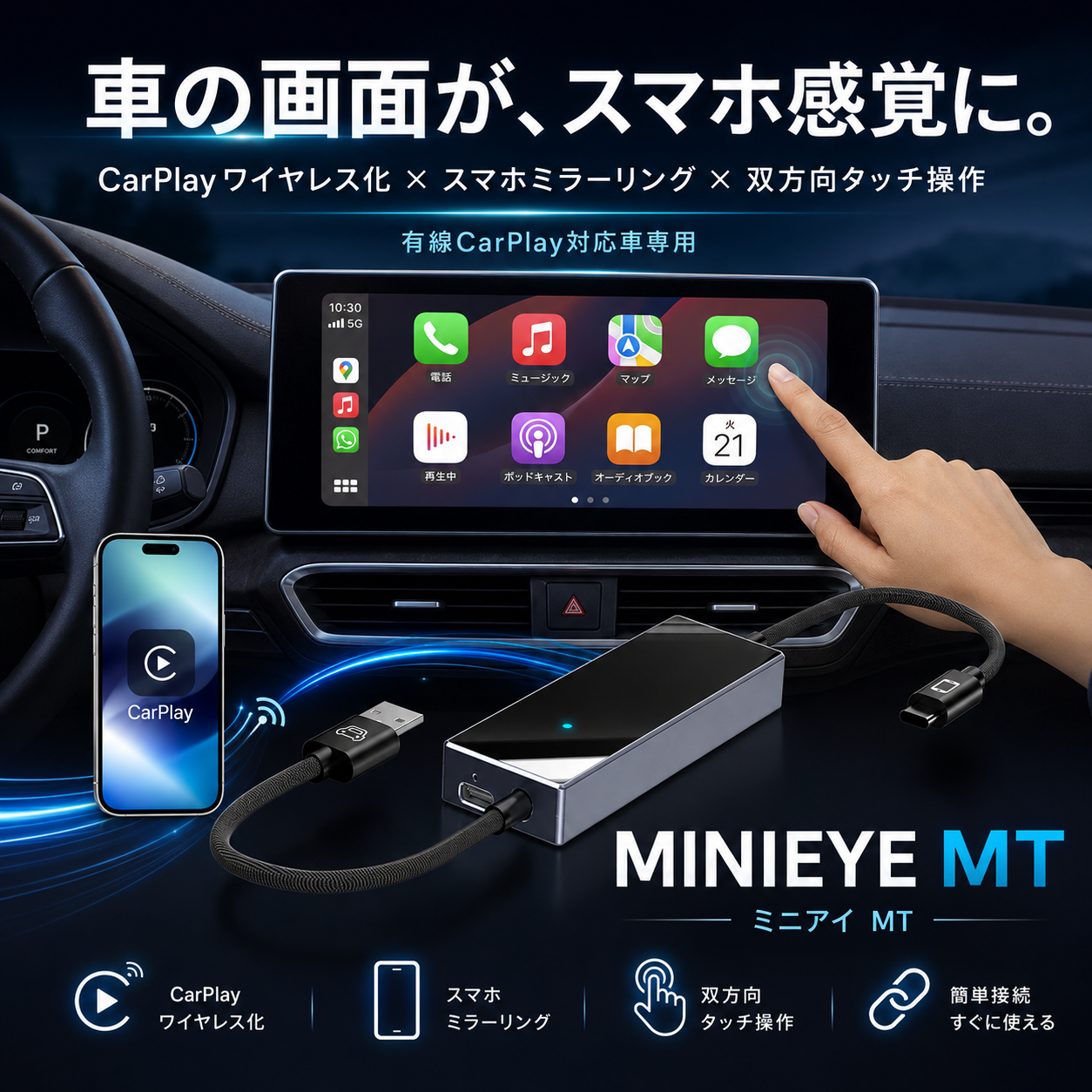 MINIEYE CarPlay ワイヤレスアダプター カーナビ iPhone/Android