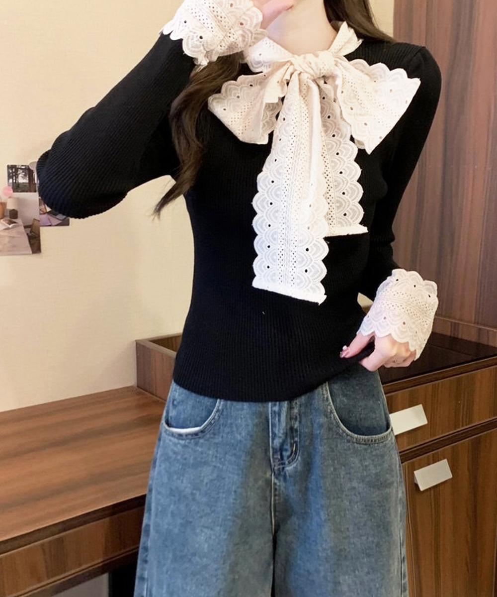 ニットトップス 刺しゅうレース ボウタイ【ゆうパケット】 miniministore ニットトップス 刺しゅうレース ボウタイ【ゆう