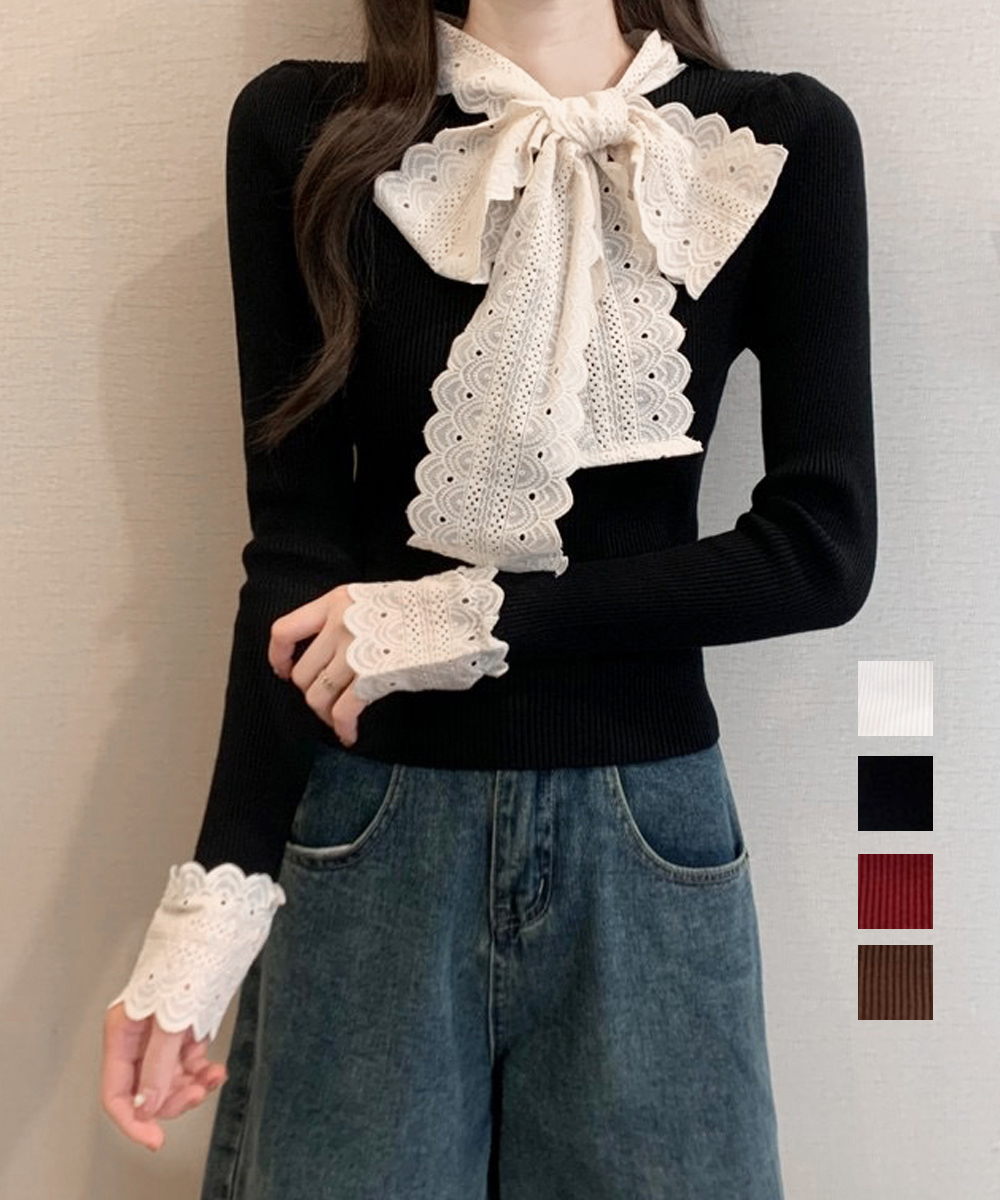 ニットトップス 刺しゅうレース ボウタイ【ゆうパケット】 miniministore ニットトップス 刺しゅうレース ボウタイ【ゆう