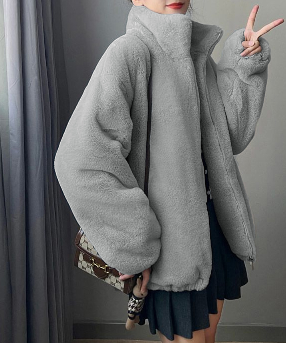 未使用　ボアカラーレスジャケット　グレー miniministore（ミニミニストア） スタンドカラーボアジャケット