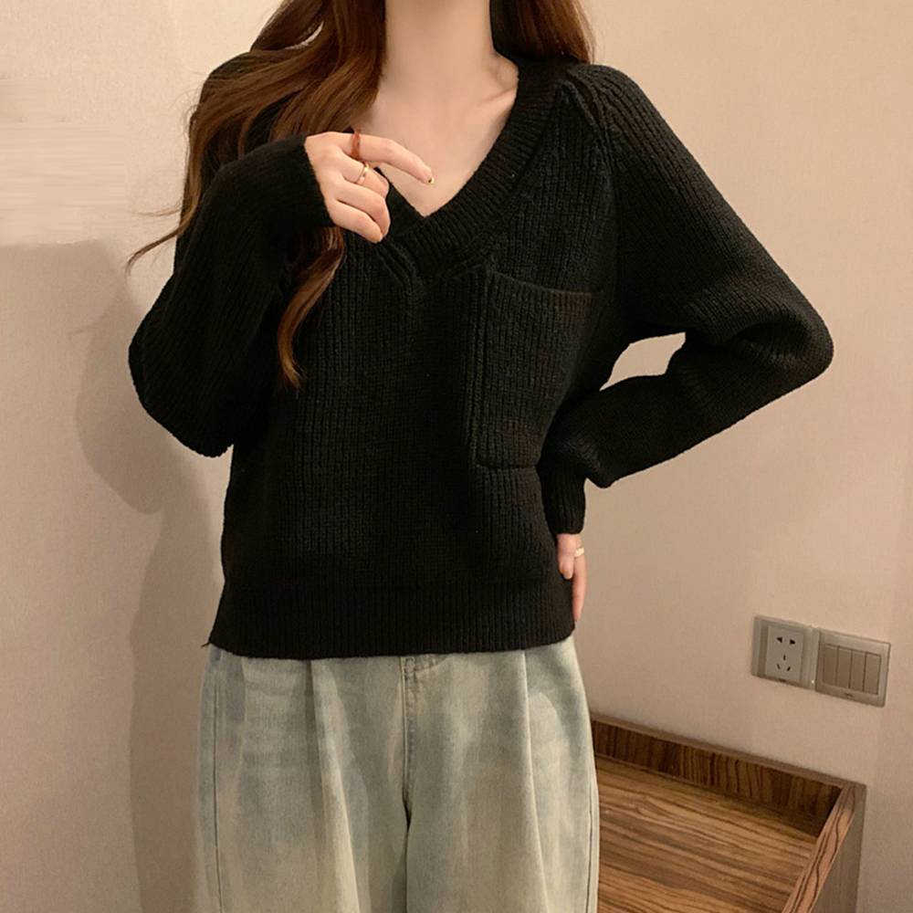 miniministore Vネックニットトップス 胸ポケット韓国風【ゆう