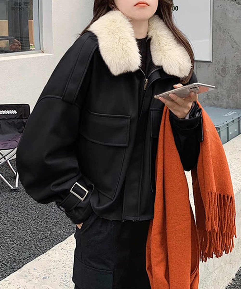 ハイネックファーレザージャケット 暖かい フェイクファー