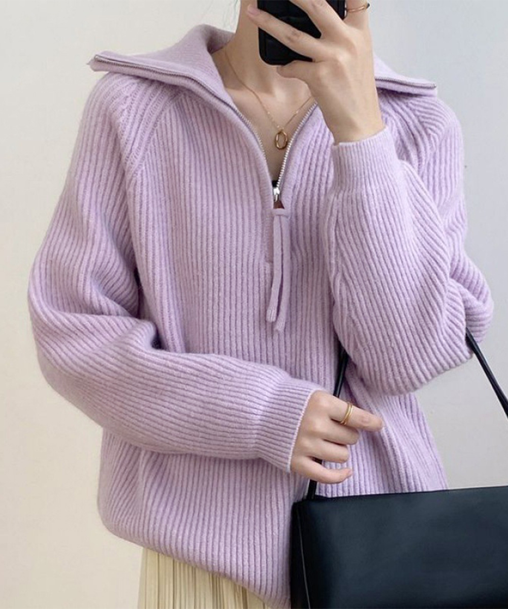 即日発送 STONE  パープル ジップアップ ニットセーター M miniministore（ミニミニストア） ハーフジップニットセータースタンド