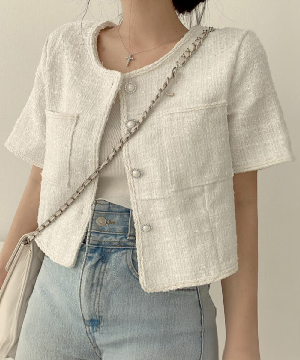 yukiemon ツイード風　ノーカラージャケット miniministore（ミニミニストア） ツイード風ジャケットノーカラー