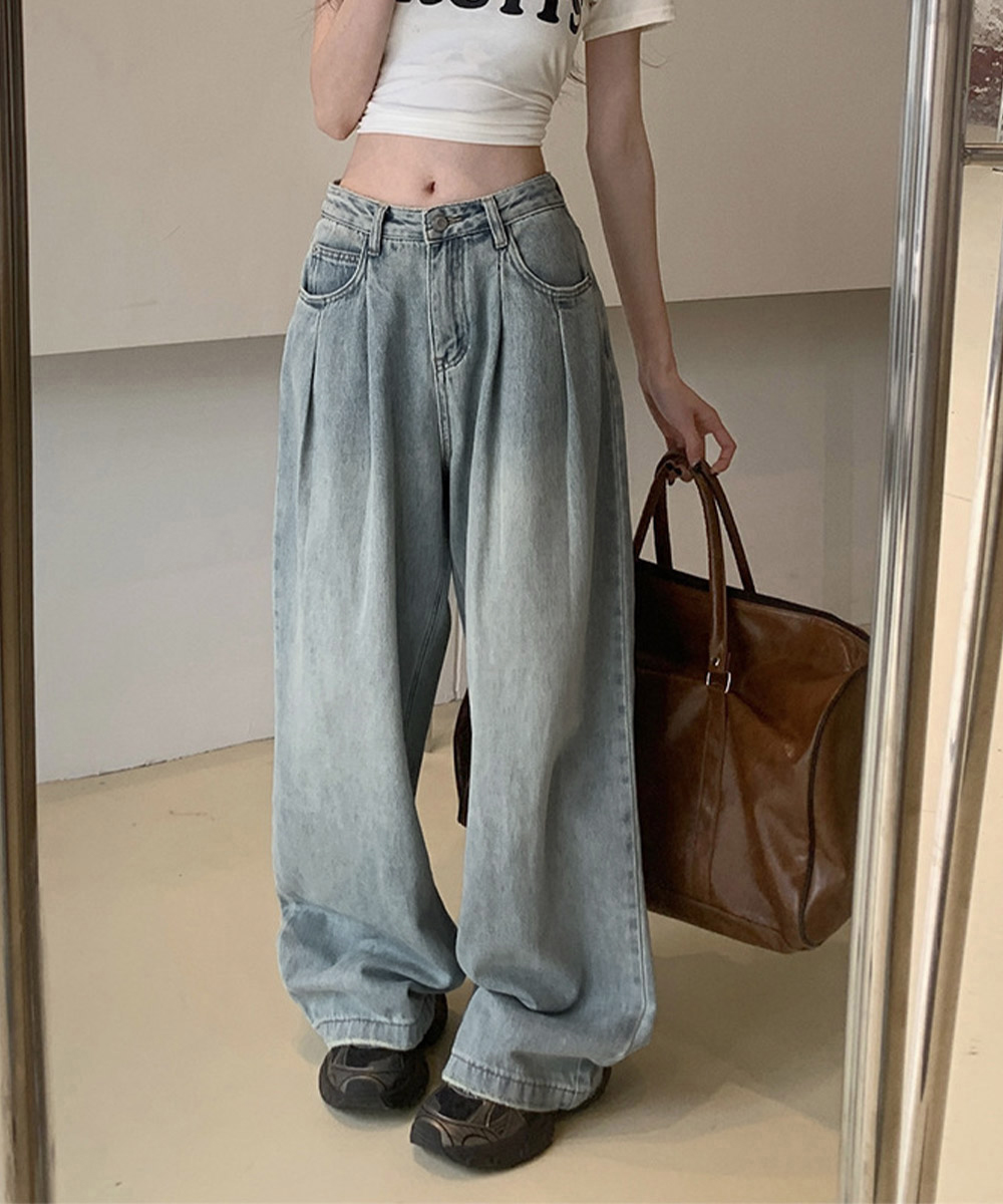 マルチポケット ワイドレッグ デニムパンツ 韓国系 t515 miniministore タックワイドデニムパンツレディース韓国風